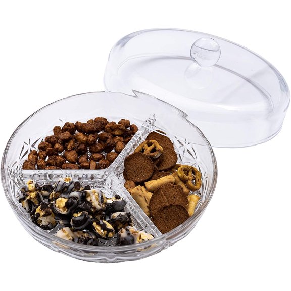 3-Section Divided Serving Dishes with Lid | Round Snack and Condiment Tray With Cover | Multifunctional Party Snack Tray for Nuts, Candies, Fruit, and Veggies