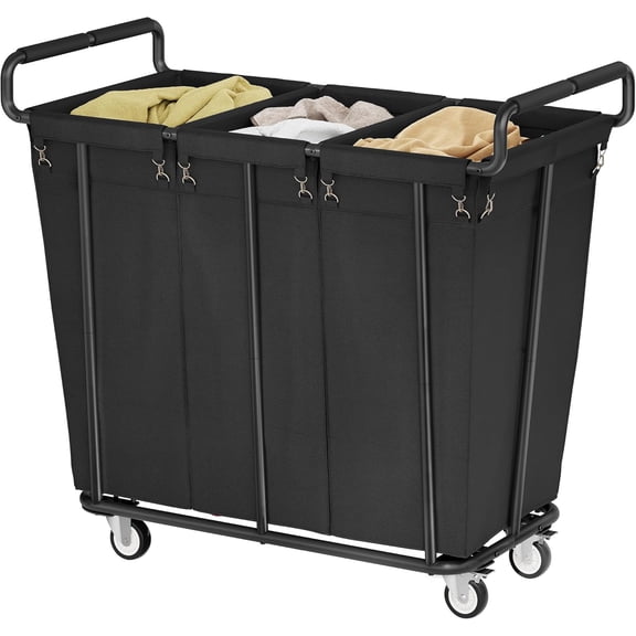 3 Section Heavy Duty Laundry Sorter Cart with Wheels, 360L, Black | Rolling Laundry Hamper Sorter Cart, Extra Large Laundry Clothes Hamper, Laundry Basket Organizer for Bathroom, Bedroom, Hotel