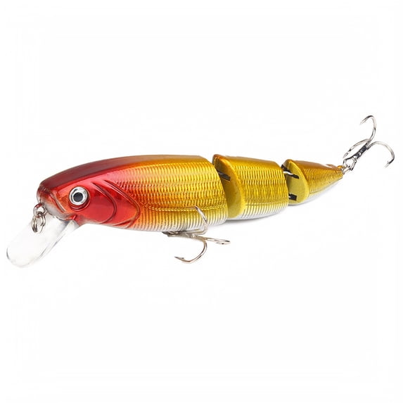 3 Section Jointed Minnow Swimbait, Diving Hard Fishing Lure with 3D Eyes and Dual Treble Hooks for Bass Pike, Red Gold, 4.53 Inch