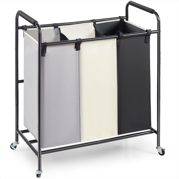 3-Section Laundry Basket, Heavy Duty Laundry Hamper Organizer with Lockable Wheels, Foldable Clothes Sorter Cart for Bedroom, Laundry Room, Dorm - Sturdy Storage for Dirty Clothes