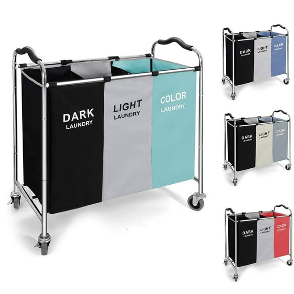 3 Section Laundry Hamper, 240L Laundry Basket with Wheels, Large Capacity Rolling Laundry Sorter Organizer with Shelf in Laundry Room, Bathroom & Closet Organizers, 16 x 30 x 35 Inch