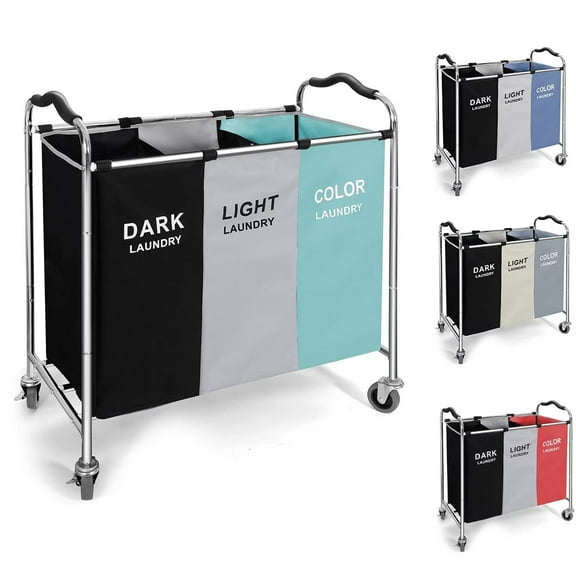 3 Section Laundry Hamper, 240L Laundry Basket with Wheels, Large Capacity Rolling Laundry Sorter Organizer with Shelf in Laundry Room, Bathroom & Closet Organizers, 16 x 30 x 35 Inch