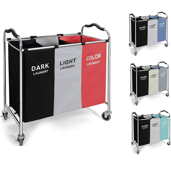 3 Section Laundry Hamper, 240L Laundry Basket with Wheels, Large Capacity Rolling Laundry Sorter Organizer with Shelf in Laundry Room, Bathroom & Closet Organizers, 16 x 30 x 35 Inch