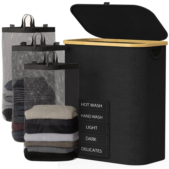 3 Section Laundry Hamper With Lid, 160L Large Capacity With Removable Bags And Washable Bags, 5 Labels For Clothes Sorting, Laundry Basket For Bedroom, Laundry Room, Small Apartment Laundry Sorter