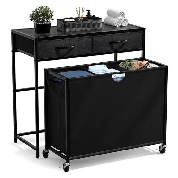 3 Section Laundry Hamper with Shelf and 2 Drawers for Laundry Room Organization, Laundry Basket with Wheels, Rolling Laundry Hamper, Laundry Sorter for Optimal Storage and Organization (Black)