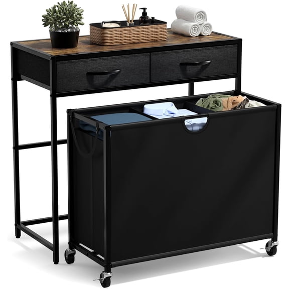 3 Section Laundry Hamper with Shelf and 2 Drawers for Laundry Room Organization, Laundry Basket with Wheels, Rolling Laundry Hamper, Laundry Sorter for Optimal Storage and Organization (Rustic)