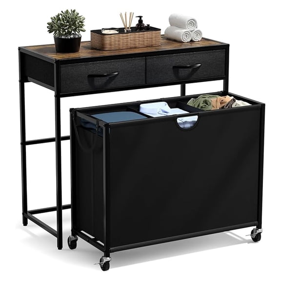 3 Section Laundry Hamper with Shelf and 2 Drawers for Laundry Room Organization, Laundry Basket with Wheels, Rolling Laundry Hamper, Laundry Sorter for Optimal Storage and Organization (Rustic)