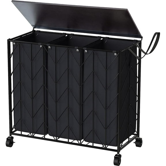 3-Section Laundry Hamper with Wheels - 142L Capacity with Removable Bags (Black)