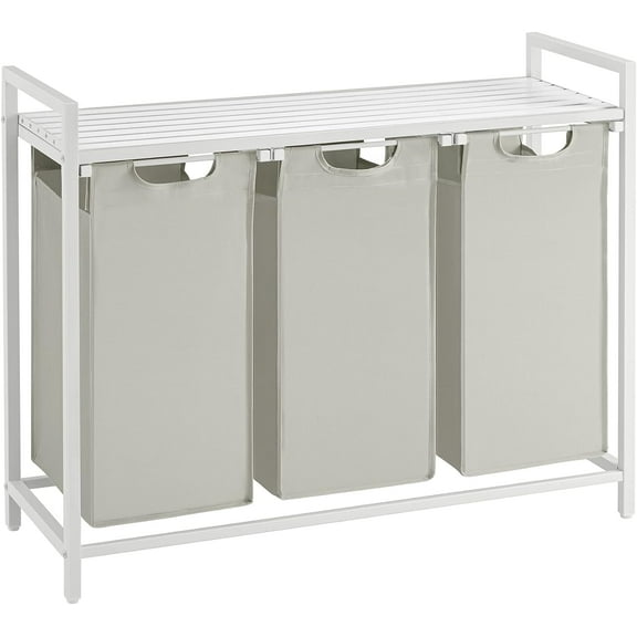 3 Section Laundry Hamper with shelf Laundry Sorter with 3 Pull-Out and Removable Bags for Bathroom Laundry Room White