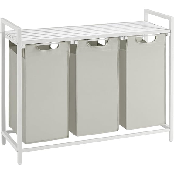 3 Section Laundry Hamper with shelf Laundry Sorter with 3 Pull-Out and Removable Bags for Bathroom Laundry Room White