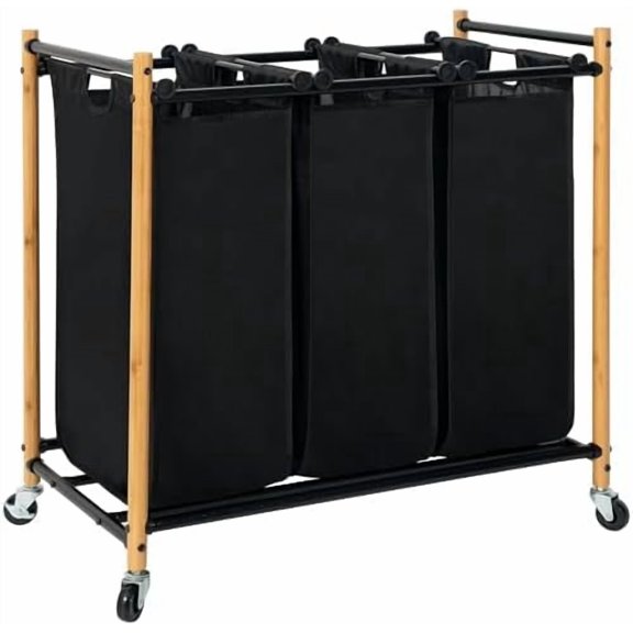 3 Section Laundry Sorter, 35.9 Gal (136 L) Laundry Hamper Cart with Heavy Duty Rolling Lockable Wheels and Removable Bags, Clothes Organizer Basket Clothes Separator Hamper, Bamboo