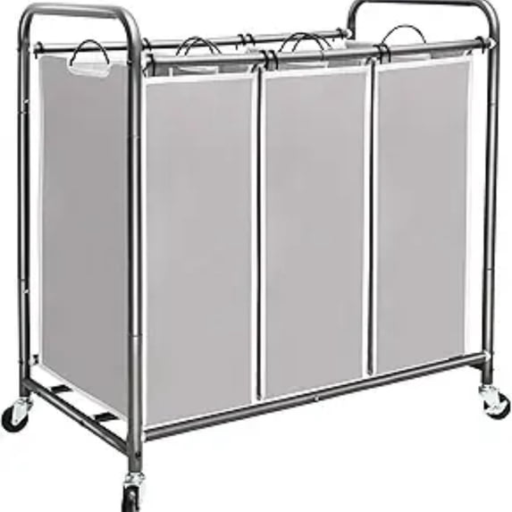 3 Section Laundry Sorter, 35.9 Gal (136 L) Laundry Hamper Cart with Heavy Duty Rolling Lockable Wheels and Removable Bags, Clothes Organizer Basket Clothes Separator Hamper, Gray