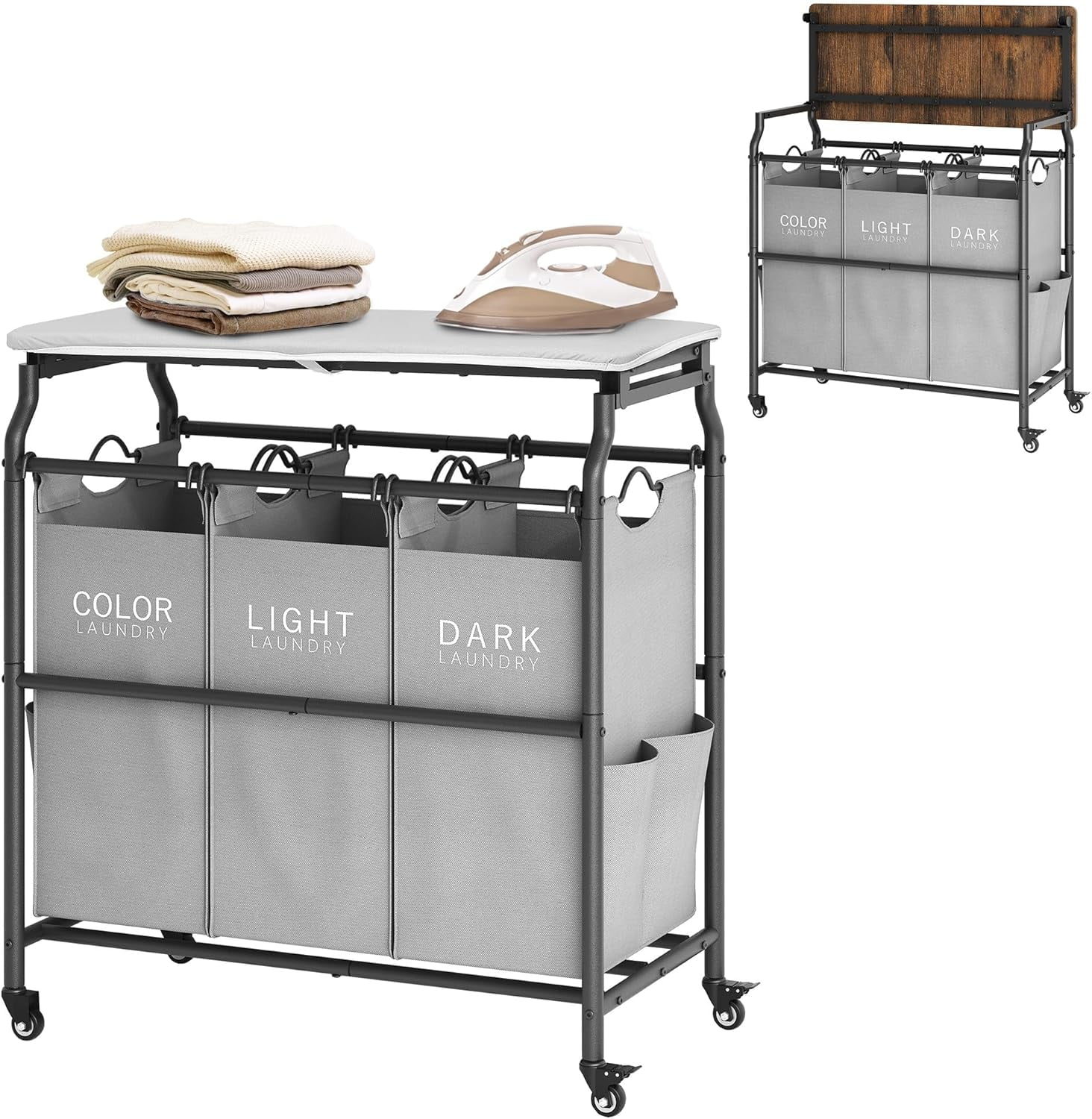 3 Section Laundry Sorter Cart with Ironing Board, Laundry Hamper with Shelf and Rolling Wheels