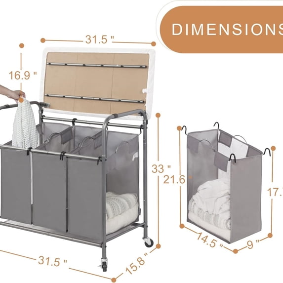3-Section Laundry Sorter with Foldable Ironing Board, Heavy-Duty Rolling Laundry Cart with and Removable Bags, Triple Laundry Hamper with Wheels, Dark Grey