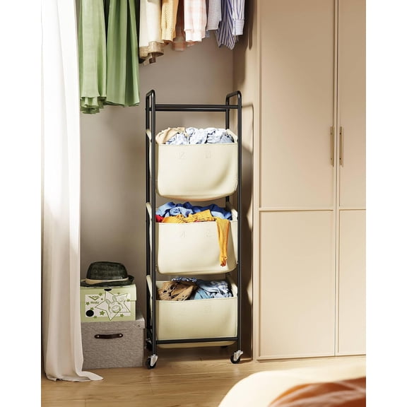 3 Section Laundry Sorter with Removable Bags, 120L Rolling Vertical Laundry Hamper, Stackable Laundry Baskets organizer for Bathroom, Apartment, Dorm (Beige, With Wheel)