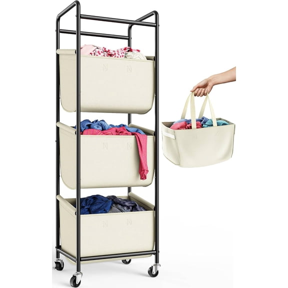 3 Section Laundry Sorter with Removable Bags, 120L Rolling Vertical Laundry Hamper, Stackable Laundry Baskets organizer for Bathroom, Apartment, Dorm (Beige, With Wheel)