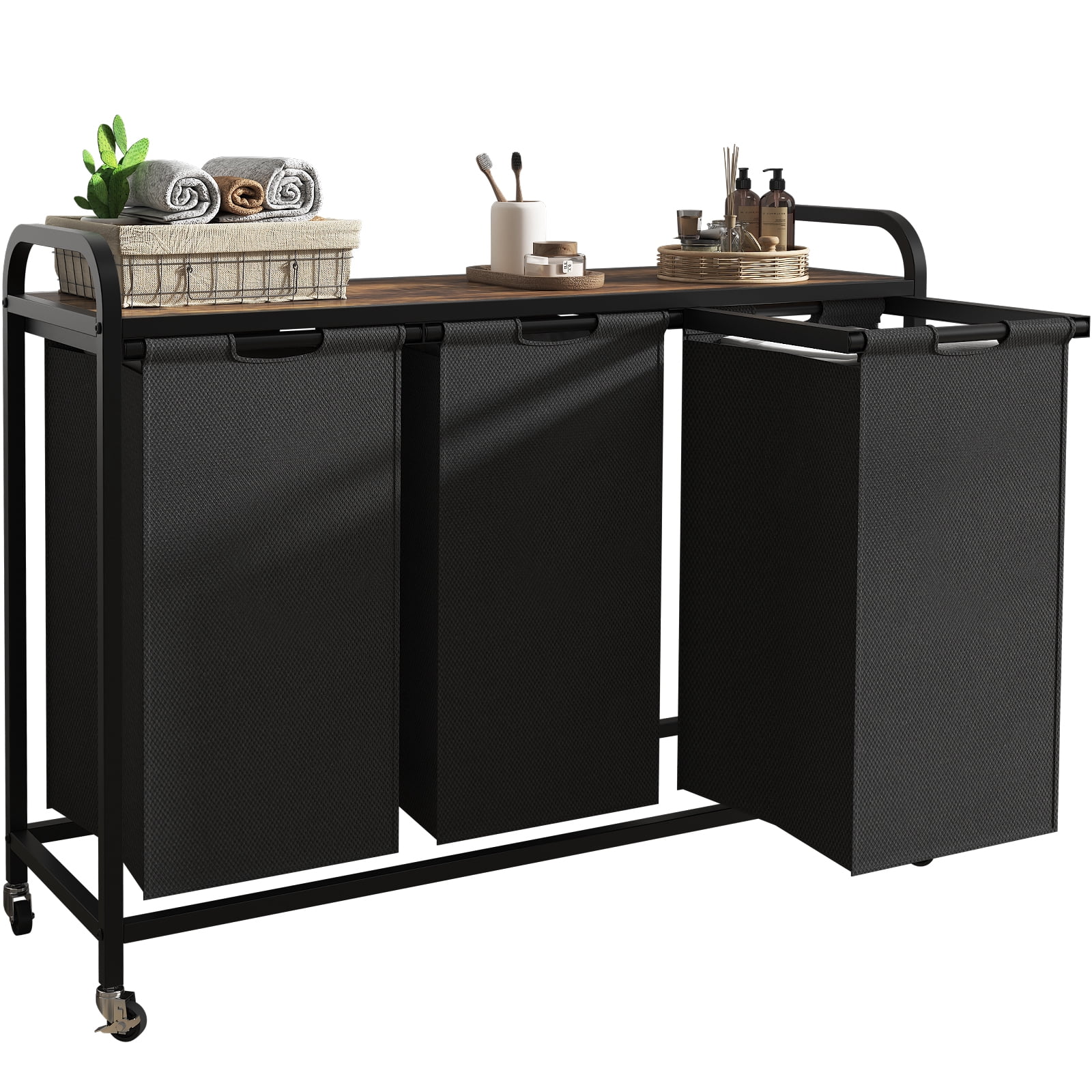 3-Section Laundry Sorter with Top Shelf and Pull-Out Bags, Heavy Duty ...