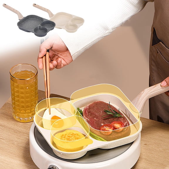 3-Section Nonstick Frying Pan with Egg Rings, Flat Bottom Breakfast Skillet for Eggs, Bacon and Pancakes, Induction & Gas Compatible