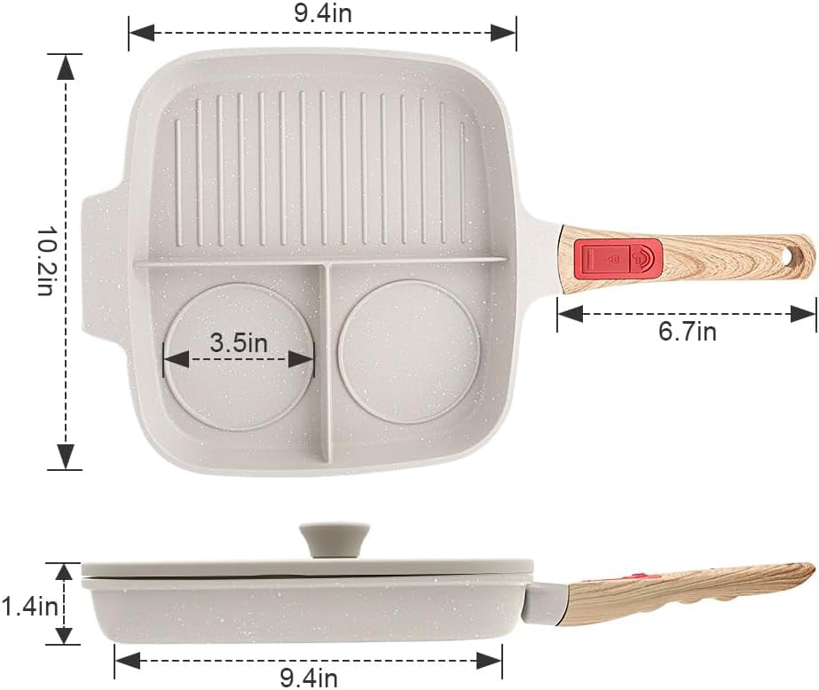 3 Section Nonstick Grill Pan with Detachable Handle, White Square Skillet for Stove Top Cooking