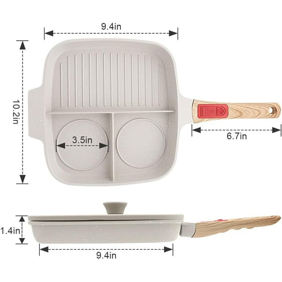 3 Section Nonstick Grill Pan with Detachable Handle, White Square Skillet for Stove Top Cooking