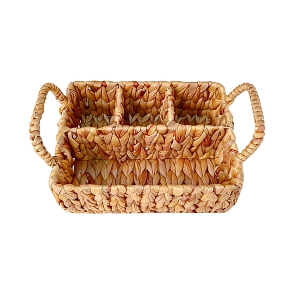 3 Section Rectangular Woven Water Hyacinth Storage Basket Natural Wicker Divided Organizer Bin for Bathroom Kitchen Shelves Office Supplies Home Organization