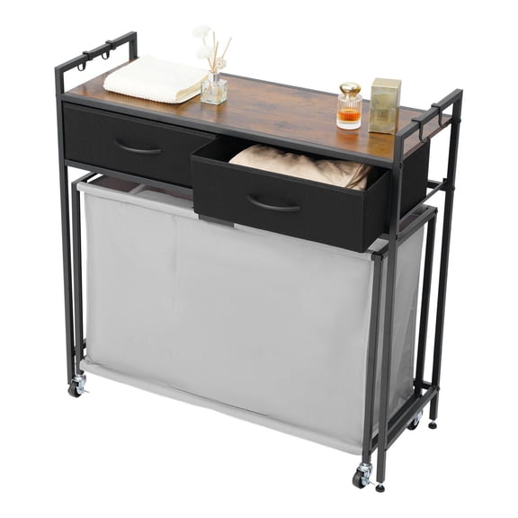3 Section Rolling Laundry Hamper with 2 Drawers Hooks Wheels Pull Out Bags and Wooden Tabletop