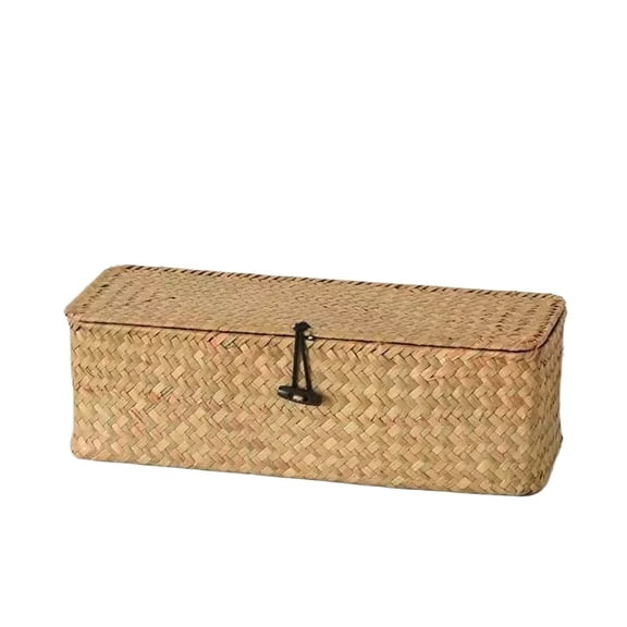3 Section Seagrass Baskets with Lid, Rectangular Hand Woven Wicker Bin Storage Box for Shelves Organizing, Rustic Home Storage Organizer Container (Light Orange,12.6 x 4.72 x 4.33 Inches)