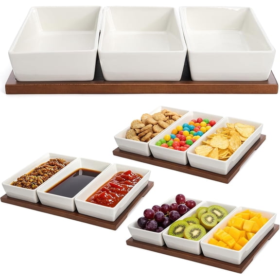 3-Section Serving Tray, Wood Divided Serving Dish with Ceramic Bowls, 3-Compartment Food Platter Dipping Tray for Appetizer, Fruits, Bread