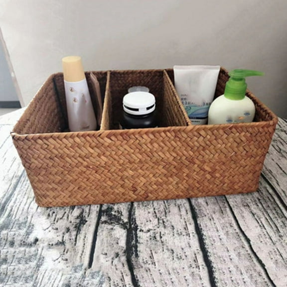 3-Section Wicker Baskets for Shelves, Hand-Woven Seagrass Storage Baskets Toilet Paper Basket Large
