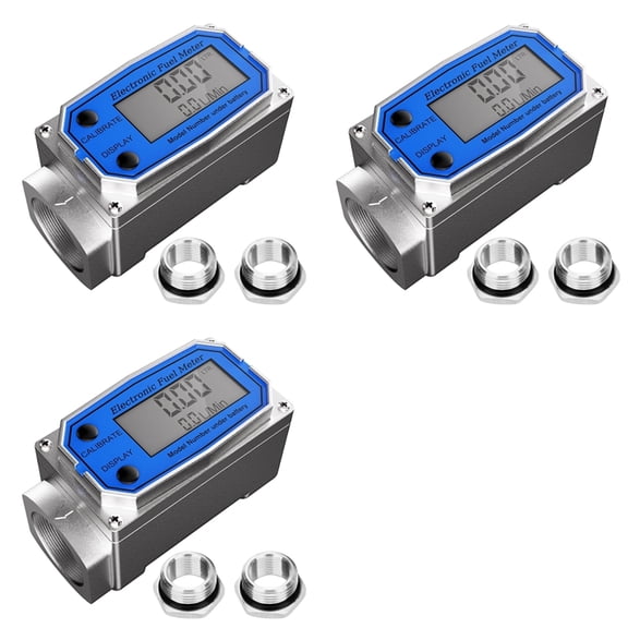 3 Set 1 Inch Meter with 3/4 Inch Adapters, Digital Turbine Meter 2.5-31 GPM Inline NPT Thread