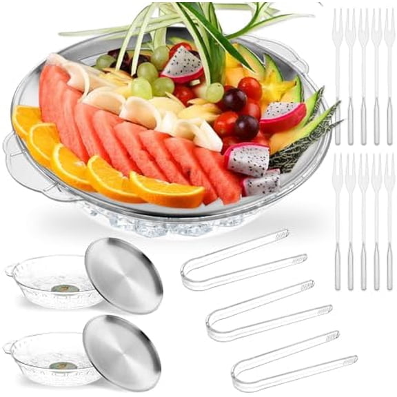 3 Set 11.8" Chilled Serving Tray (3 Compartments, Ice Chilled), Includes 10 Forks/Ice Serving Board  Ideal for Fruit/Veggie/Appetizer/Shrimp (Home Decor, Kitchen, & Other)