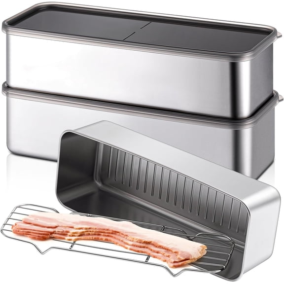 3 Set 304 Stainless Steel Containers for Fridge with Removable Drain Tray 60 oz Rectangular Airtight Food Container with Lids for Fruit Bacon Deli Meat Storage(10.43 x 3.94 x 2.76 Inch)