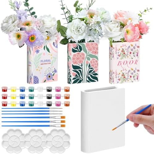 3 Set 5.9 Inch Book Shaped Vase Ready to Paint Your Own Ceramic Book Flowers Vase Ceramics to Paint DIY Unpainted Paintable Kit Crafts with Acrylic Brush Palette for Adults