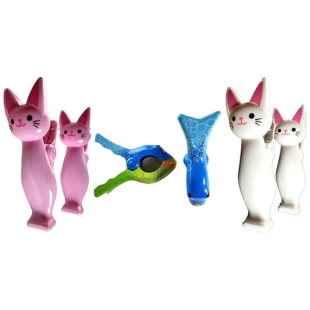 3 Set (6 Ct) White Cat, Pink Cat, and Bubble Fish,Beach Towel Clips Jumbo Size for Beach Chair, Cruise Beach Patio, Pool Accessories, Household Snacks Clip, Baby Stroller Clips by C&H Solutions