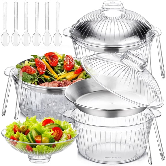 3 Set 8.54'' Chilled Salad Bowl with Ice Chiller Base and Lid Chilled Serving Trays with Stainless Steel Plate Cold Food Serving Trays with Plastic Tableware for Party Buffet Outdoor Picnic