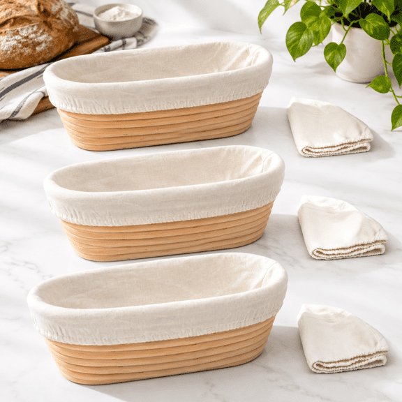 3 Set 9.8 Inch Oval Rattan Banneton Bread Proofing Baskets with Liners