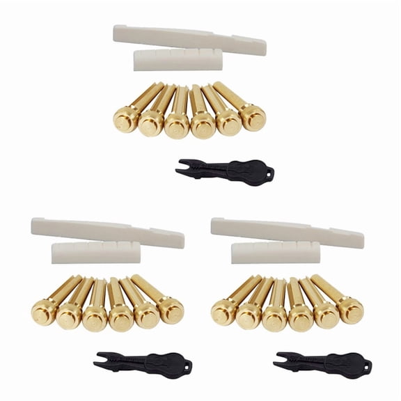 3 Set Acoustic Guitar String End Nut Bridge Saddle Abalone Pins Replacements Set (Brass Pins & Bone Saddle Nut),18 x Bridge pins 3 x Nut 3 x Saddle 3 x Pins puller,gold & white