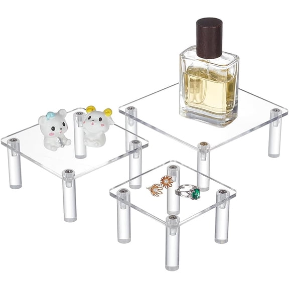 3 Set Acrylic Square Display Riser 12/10/8cm Transparent Acrylic Minifigure Display Stands Square Display Platform for Jewelry Figure Models Dessert Cosmetics or Collections Gold