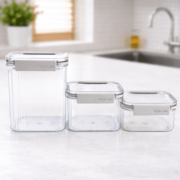 3 Set Airtight Kitchen Essential Dry Food Container with Lid, Measuring Cup & Handle, Dishwasher Safe Storage, Pantry Refrigerator Cabinet Organization for Cereal, Rice, Grain (15.6 / 23.7 / 44 oz)