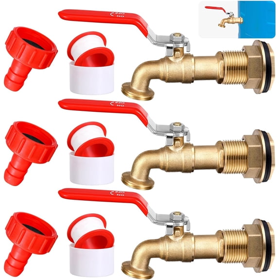 3 Set Brass Rain Barrel Spigot, Rain Faucet Kit for Rain Water Barrel, Water Tanks, Tubs, Pools Etc, Turn Ball Valve Rain Barrel Spigot with Bulkhead Fitting