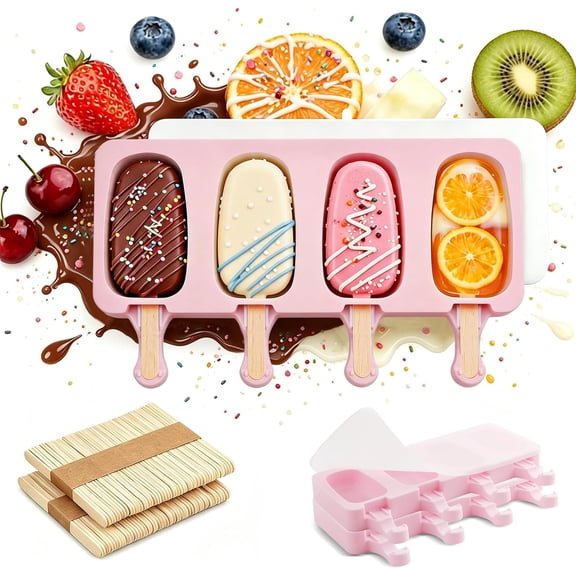 3 Set Cake Pop Mold with Lids, Small Popsicles Molds Cakesicle Mold with 100 Wooden Sticks, 4 Cavities Silicone Reusable Ice Pop Molds for Cake Pops, Popsicles, Cakesicles, Ice Cream, Pink