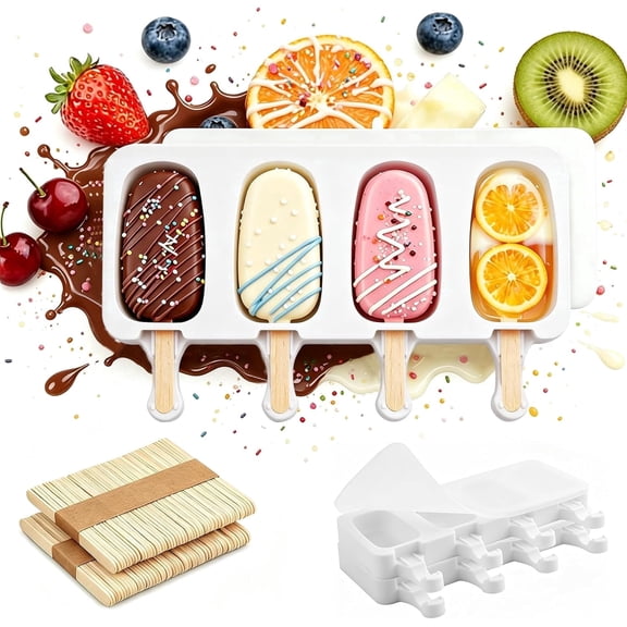 3 Set Cake Pop Mold with Lids, Small Popsicles Molds Cakesicle Mold with 100 Wooden Sticks, 4 Cavities Silicone Reusable Ice Pop Molds for Cake Pops, Popsicles, Cakesicles, Ice Cream, White