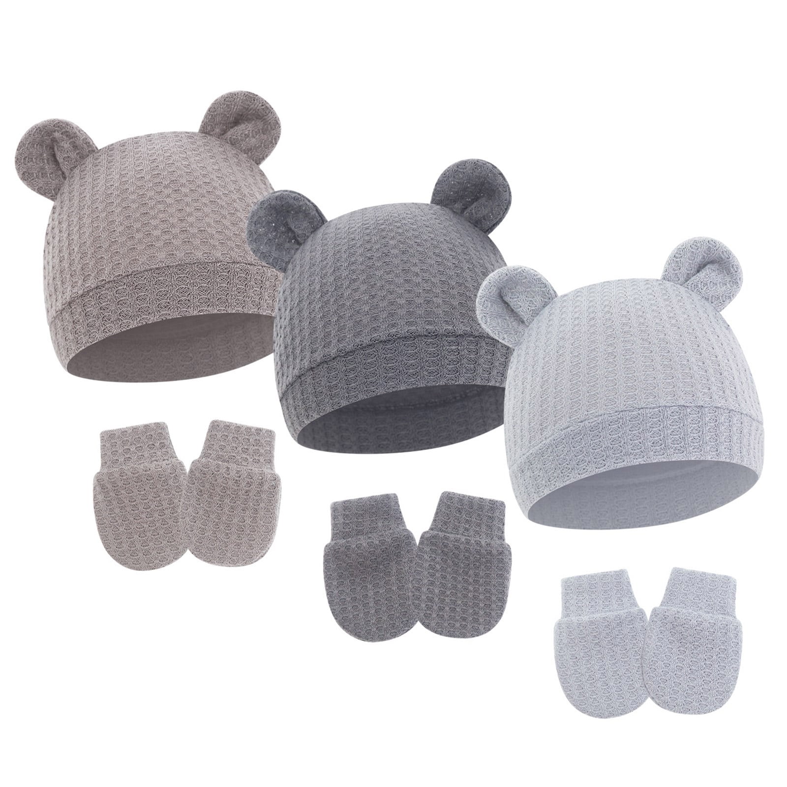 3 Set Cartoon Bear Ears Infant Hat And Mittens Set Elastic Cotton ...
