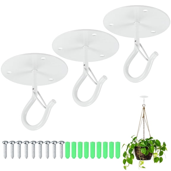 3-Set Ceiling Hook with Safety Buckle, Iron Q Hanger with 9 Screws and 9 Expansion Bolts, Wall Hooks [White]