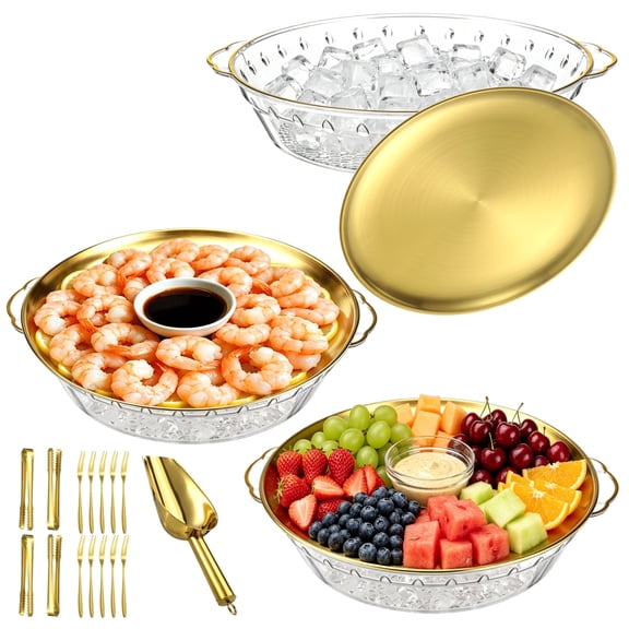 3 Set Chilled Serving Trays for Party, 11.81" Plastic Iced Platter, Gold Stainless Steel Tray with Tongs Spatula Forks