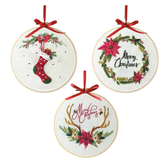 3 Set Christmas Embroidery Kits with 1 Hoop, 3 Threads, 3 Printed Cloth, 6 Needles, Instruction