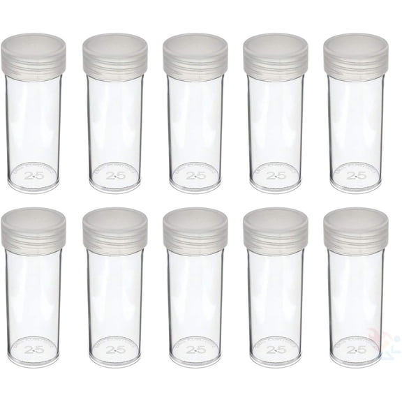 3 Set- Coin Storage Tubes, Round Clear Plastic w/Screw on Tops for Quarters (Quantity of 10 Tubes).