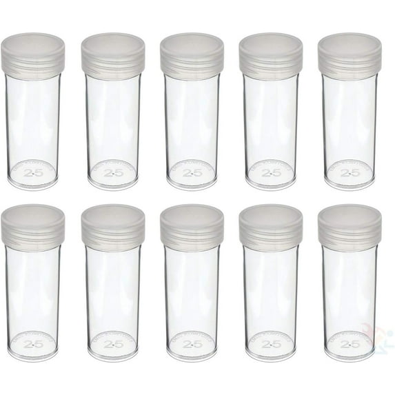 3 Set- Coin Storage Tubes, Round Clear Plastic w/Screw on Tops for Quarters (Quantity of 10 Tubes).