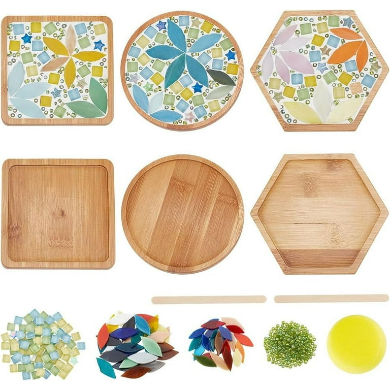 Ukontagood 8 Pack DIY Mosaic Tiles For Crafts, Mixed Color Mosaic Kits With Bamboo Coaster, DIY Coasters Kit For Coaster Handmade Home Gifts