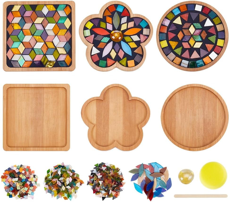 3 Set DIY Mosaic Coaster Kit Mosaic Tiles for Crafts Glass Mixed Color Mosaic Kits with Bamboo Coaster for Adults Household Decoration Christmas Holiday Birthday Gift(Flower/Square/Round)